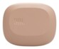 Boîtier de charge fermé beige vu de dessus, forme arrondie et logo JBL sur le couvercle