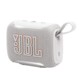 Enceinte JBL Go 3 blanche avec boutons de commande sur le dessus et lanière de transport