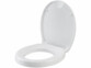 Abattant de toilettes blanc ovale vu de trois-quarts avec couvercle relevé montrant les butées amortissantes