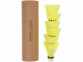 6 volants de badminton en nylon couleur jaune empilés et tube de transport vus de face