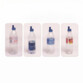 Quatre bouteilles en plastique transparent de formes variées, chacune surmontée d'un même embout bouchon bleu foncé