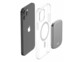 Vue éclatée d'un iPhone noir avec coque transparente MagSafe et batterie de secours magnétique