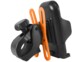 Vue arrière de biais sur la coque, la pince de serrage et la sangle en silicone du support pour guidon de vélo coloris noir