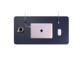 Vue du dessus du tapis de souris bleu XXL pour bueau, avec café, PC portable, supports pour câble et souris sans fil