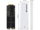 Barrette SSD JetDrive Transcend avec dimensions annotées autour du boîtier externe USB à côté
