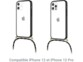 Mise en situation d'une vue arrière d'un iPhone 12 et d'un iPhone 12 Pro coloris blanc avec coque de protection bicolore et bi-matériaux à bandoulière tressée réglable