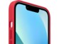 Zoom sur les rebords surélevés entourant l'écran allumé d'un iPhone avec étui coloris rouge