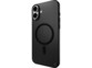 Vue de biais arrière de la housse de protection semi-rigide noir transparent en polypropylène sur le boîtier d'un iPhone 16