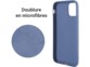 Vue de l'intérieur de la coque en silicone souple coloris bleu pour iPhone 14 avec doublure en microfibres anti-rayures