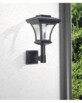 Lanterne solaire noire murale avec ampoule visible sur mur blanc, tuyau et buissons verts à droite