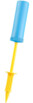 Pompe à ballons bleue et jaune avec piquet de stabilisation pour fixation au sol sur fond blanc