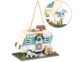 Nichoir caravane vintage crème et turquoise avec miniatures, encart circulaire montrant un petit nichoir bleu