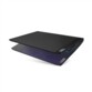 PC portable à clapet Lenovo à moitié fermé de biais sur le côté gauche avec 2 ports USB-A, prise casque et clavier rétroéclairé 