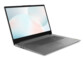 Vue de biais du PC portable à clapet Lenovo IdeaPad 3 ouvert avec écran allumé