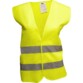 Gilet jaune haute visibilité sans manches avec deux bandes réfléchissantes grises, col en V, étiquette blanche au col