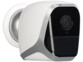 Caméra de vidéo-surveillance blanche avec contours et liserais gris brillant, objectif et face avant noirs, support bicolore (blanc et gris) et logo Visor Tech imprimé au-dessus de la lentille