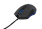Souris gaming filaire Kult Helium noire avec rétroéclairge bleu personnalisable, molette avec liserais rétroéclairé bleu et bouton sur le dessus de la souris, deux boutons sur le côté gauche de la souris, vue de biais
