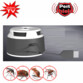 Répulsif d'animaux à ultrasons rond noir et blanc avec câble d'alimentation USB noir branché à l'appareil avec logo Pest Shield et logos de moustique, souris, cafard et araignées dans des ronds rouges