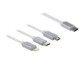 Gros plan sur les quatre connecteurs du câble de chargement DeLock : USB-C 2.0 mâle vers Lightning 8 broches mâle, Micro-USB B 2.0 mâle et USB-C mâle