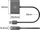 Convertisseur USB vers HDMI et VGA avec câble 20 cm, largeur 40,3 mm, longueur 62 mm et épaisseur 15,4 mm annotées sur les différentes parties de l'appareil