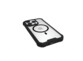 Étui de protection en polycarbonate durci noir et transparent compatible chargement sans fil sur un iPhone 15 Pro posé à plat sur l'écran avec vue sur le port USB-C libre de l'appareil