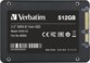 Disque dur SSD Verbatim Vi550 S3 512 Go vu du dessous avec puces flash 3D NAND et étiquette autocollante indiquant les caractéristiques principales du produit avec les logos de traitement des déchets et de mise en conformité
