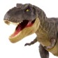 Zoom sur le haut du corps du T-Rex avec gueule ouverte, aperçu de la texture réaliste brune du dinosaure, avec yeux jaunes et petits membres supérieurs