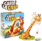 Logo gaffe à la girafe avec boîte de jeu et girafe bougeant son cou à cause des oiseaux posés sur elle hors de l'emballage