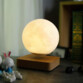 Globe lunaire au relief réaliste en lévitation magnétique au-dessus d'un socle carré aspect bois clair aux bords arrondis posé sur un bureau à côté d'un livre ancien et d'une figurine de lapin