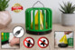 Cage attrape-mouches et cafards avec grille verte, socle noir et cône adhésif jaune à l'intérieur avec 2 logos anti-insectes et deux aperçus montrant le remplacement du ruban collant et le branchement d'un câble de chargement USB à l'appareil