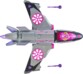 Vue du dessus de l'avion girly rose et gris du chien sauveteur de la Pat' Patrouille Stella avec aperçu du fuselage de l'avion, des hélices présentes sur les ailes, des munitions pour lanceur de projectiles et de la figurine Stella dans le cockpit