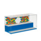 Boîtier de jeu et d'exposition rectangulaire avec 2 niveaux, plaques de fond en briques, fond coloré imprimé avec logo LEGO et couvercle de protection transparent