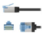 Vue de face, de profil et du dessus d'une fiche RJ45 avec nez d'encliquetage bleu transparent et contacts plaqués or du câble réseau