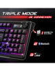 Affiche indiquant les trois modes de connexion du clavier : sans fil 2,4 GHz, bluetooth et filaire