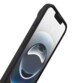 Vue de biais côté gauche d'un iPhone à l'écran allumé protégé par un étui souple coloris noir
