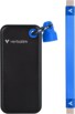 Disque dur SSD de poche coloris noir avec porte-clés et câble USB-C vers USB-C coloris bleu