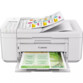 Mise en situation des fonctions photocopieur et recto/verso automatique de l'imprimante multifonction Canon coloris blanc avec document dans le chargeur automatique de documents et document sorti sur le plateau
