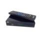 Récepteur enregistreur TNT HD e-ETIMO V2 coloris noir vu du dessus avec port USB, boutons et commande et écran avec télécommande posée dessus