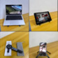 4 photos illustrant une utilisation du support avec PC, tablette et smartphone et aperçu de l'emballage avec étui de rangement de l'appareil