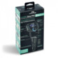 Arrière du packaging noir et bleu vert de l'émetteur-récepteur bluetooth allume-cigare avec caractéristiques techniques principales annotées