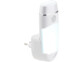 Lampe blanche sur prise électrique avec panneau lumineux allumé, bouton circulaire et anneau chromé