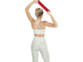 Femme de dos en brassière et legging utilisant l'extenseur rouge à renforcement fort pour muscler les épaules par extensions au-dessus de la tête
