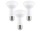 Trois ampoules blanches allumées avec inscription Luminea et culots argentés sur fond blanc