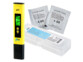 Testeur de pH numérique allumé avec écran LCD, boîtier de rangement et 2 poudres de calibrage du pH (6,86 et 4,00)