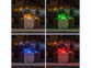 4 photos de mise en situation placées en carrée montrant les bougies LED allumées en quatre couleurs différentes sur une table de salon de jardin en extérieur le soir