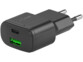 Chargeur secteur noir de 30 W avec port USB-A Quick Charge et USB-C Power Delivery.
