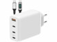 Chargeur secteur 120 W coloris blanc au nitrure gallium avec 3 ports USB-C et 1 port USB-A et à côté un câble USB-C vers USB-C 1,2 m avec écran numérique