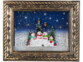 Cadre rectangulaire avec bord couleur bronze vintage, bonhommes de neige, sapins, éclairage LED blanc chaud et tourbillon de neige