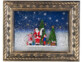 Cadre rectangulaire avec bord couleur bronze vintage, Père Noël, petits enfants, sapins, éclairage LED blanc chaud et tourbillon de neige