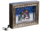Vue de biais du cadre de Noël avec motif 3D "Village de Noël" rempli de flocons de neige et d'eau avec câble USB noir branché